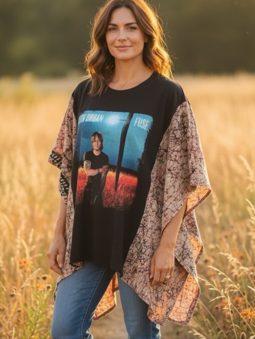 Upcycled Keith Urban Tee With Kantha Kimono Sleeves